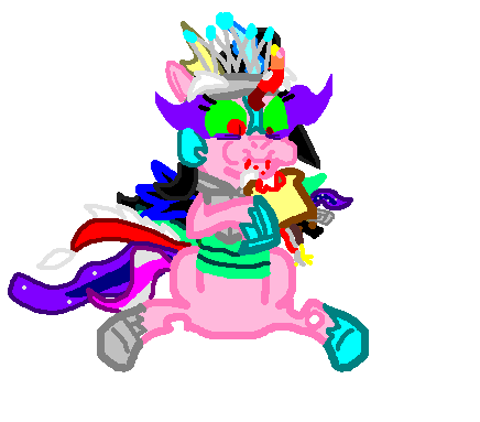 Size: 436x383 | Tagged: blood, derpibooru import, discord, eating, filly, grimdark, king sombra, nightmare moon, nom, oc, queen chrysalis, sandwich, solo, tiara ultima