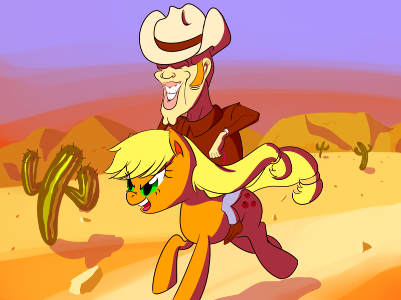 Size: 2560x1920 | Tagged: safe, artist:lemon1986, derpibooru import, applejack, earth pony, human, pony, cactus, female, humans riding ponies, male, mare, riding, saguaro cactus