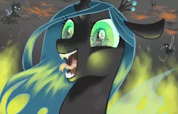 Size: 1250x800 | Tagged: artist:elenaboosy, burning, canterlot, changeling, dead source, derpibooru import, eye, eye reflection, eyes, fire, queen chrysalis, reflection, safe