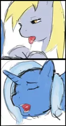 Size: 513x978 | Tagged: suggestive, artist:remenbrand, derpibooru import, derpy hooves, trixie, pegasus, pony, unicorn, 2 panel comic, comic, drool, female, implied cunnilingus, implied oral, implied sex, lesbian, mare, shipping, tripy