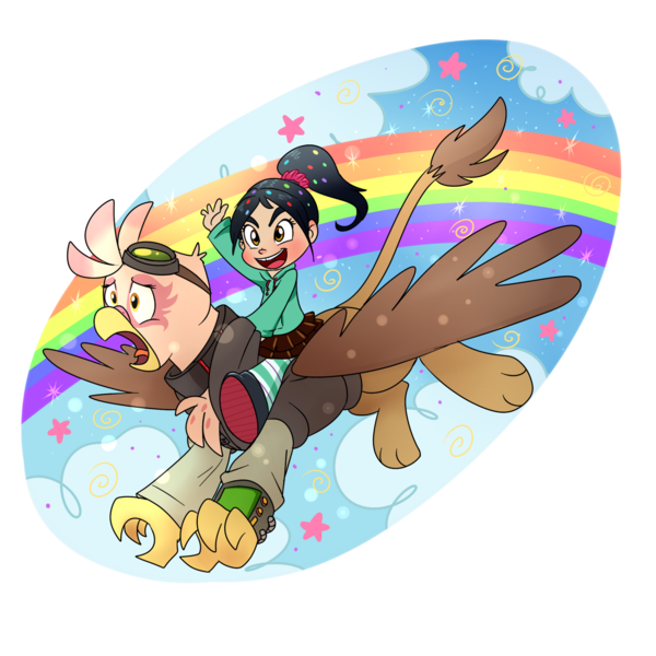 Size: 1500x1500 | Tagged: safe, artist:madmax, derpibooru import, oc, oc:paharita, gryphon, fallout equestria, fallout equestria: anywhere but here, crossover, fanfic art, partial background, rainbow, sugar rush, vanellope von schweetz, wreck-it ralph
