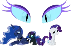 Size: 1418x912 | Tagged: safe, derpibooru import, edit, idw, nightmare moon, nightmare rarity, princess luna, rarity, oc, oc:nyx, alicorn, pony, unicorn, fanfic:past sins, spoiler:comic, alicorn oc, ethereal mane, eyes, fanfic art, horn, nightmare nyx, prone, simple background, slit eyes, spread wings, starry mane, transparent background, trio, two sides, wings