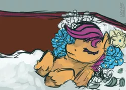 Size: 1500x1074 | Tagged: safe, artist:weepysheep, deleted from derpibooru, derpibooru import, scootaloo, pegasus, pony, coffin, commission, dead, deathbed, eyes closed, flower, funeral, solo