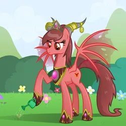 Size: 900x900 | Tagged: alexstrasza, artist:sunyup, derpibooru import, dracony, female, hoof hold, hoof shoes, horn rings, horns, hybrid, magnetic hooves, mare, ponified, safe, solo, tattered, tattered wings, transparent wings, warcraft, watering, watering can, wings, world of warcraft