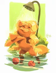 Size: 1445x1865 | Tagged: safe, artist:edtropolis, derpibooru import, applejack, earth pony, pony, apple, bipedal, eyes closed, female, loose hair, mare, obligatory apple, shower, showering, signature, smiling, solo, water, wet mane