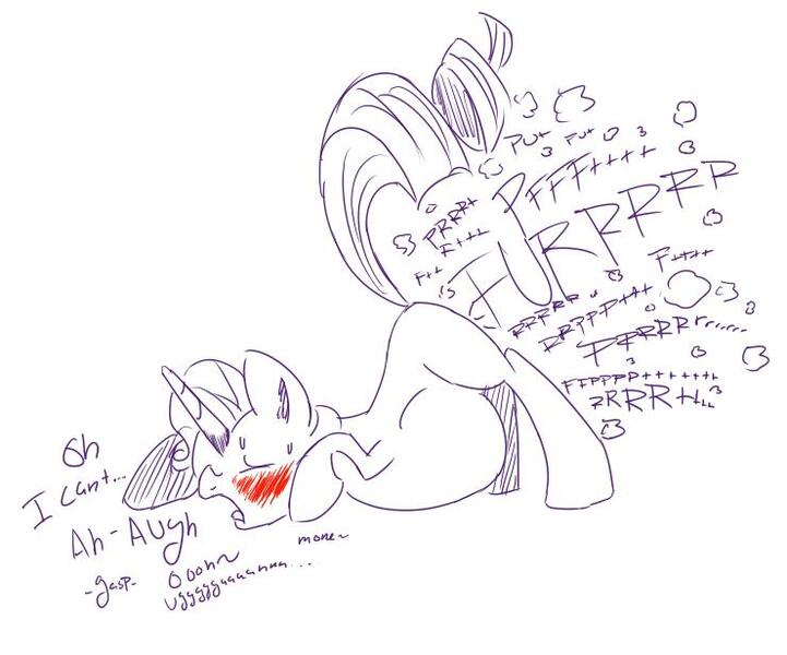 Size: 740x616 | Tagged: suggestive, artist:pony pudge, derpibooru import, rarity, pony, blushing, eyes closed, face down ass up, fart, fart noise, fartgasm, fat, gas, partial color, raised tail, solo, tail