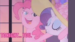 Size: 1280x720 | Tagged: safe, derpibooru import, edit, edited screencap, screencap, pinkie pie, rarity, earth pony, pony, unicorn, aqua teen hunger force, bedroom eyes, caption, image macro, out of context, pink text, tonight you