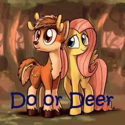 Size: 1584x1584 | Tagged: safe, artist:docwario, derpibooru import, edit, fluttershy, oc, oc:willowtree, deer, canon x oc, do or deer, female, forest, male, shipping, straight, unshorn fetlocks