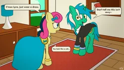 Size: 2878x1623 | Tagged: dead source, safe, artist:mostlyponyart, derpibooru import, bon bon, lyra heartstrings, sweetie drops, earth pony, pony, unicorn, clothes, dialogue, dress, female, jewelry, lesbian, lyrabon, necklace, necktie, shipping, suit