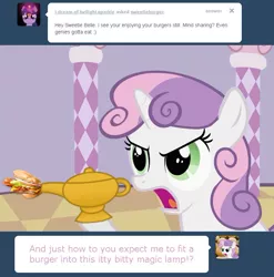 Size: 763x773 | Tagged: safe, derpibooru import, sweetie belle, burger, food, hamburger, lamp, magic lamp, sweetieburger