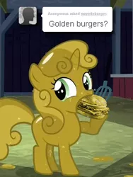 Size: 480x640 | Tagged: safe, artist:sweetieburger, derpibooru import, sweetie belle, pony, unicorn, burger, eating, female, filly, food, gold, hamburger, hoof hold, looking back, luster dust, open mouth, ponies eating meat, solo, sweetie gold, sweetieburger