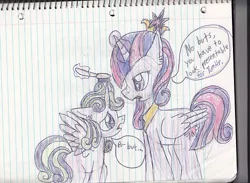 Size: 500x365 | Tagged: safe, derpibooru import, twilight sparkle, twilight sparkle (alicorn), oc, oc:princess twila, alicorn, pony, brush, female, hairbrush, levitation, lined paper, magic, mare, mother and daughter, notebook, offspring, parent:prince blueblood, parent:twilight sparkle, parents:twiblood, speech bubble, telekinesis, traditional art, tumblr