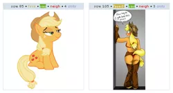 Size: 538x290 | Tagged: anthro, applejack, bedroom eyes, breasts, derpibooru import, exploitable meme, juxtaposition, juxtaposition win, suggestive