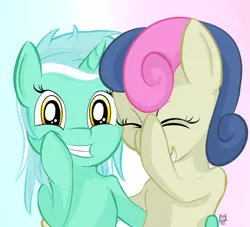 Size: 729x662 | Tagged: safe, artist:cheshiresdesires, derpibooru import, bon bon, lyra heartstrings, sweetie drops, earth pony, pony, unicorn, bon bon is amused, duo, eyes closed, facehoof, gradient background, grin, laughing, laughingmares.jpg, looking at you, smiling