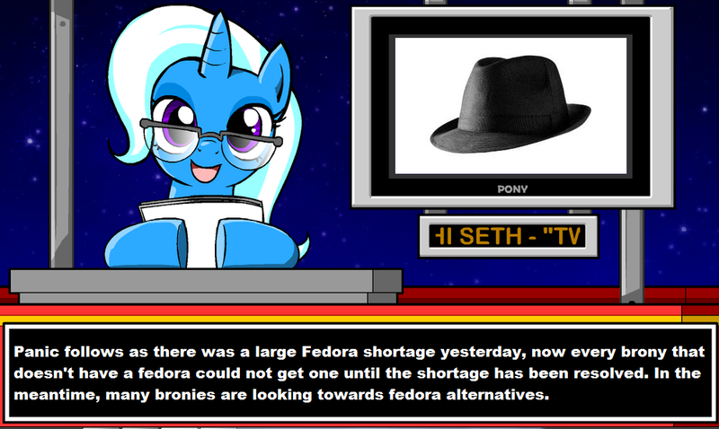 Size: 1004x600 | Tagged: derpibooru import, exploitable meme, fedora, fedora shaming, glasses, hat, news meme, safe, trilby, trixie