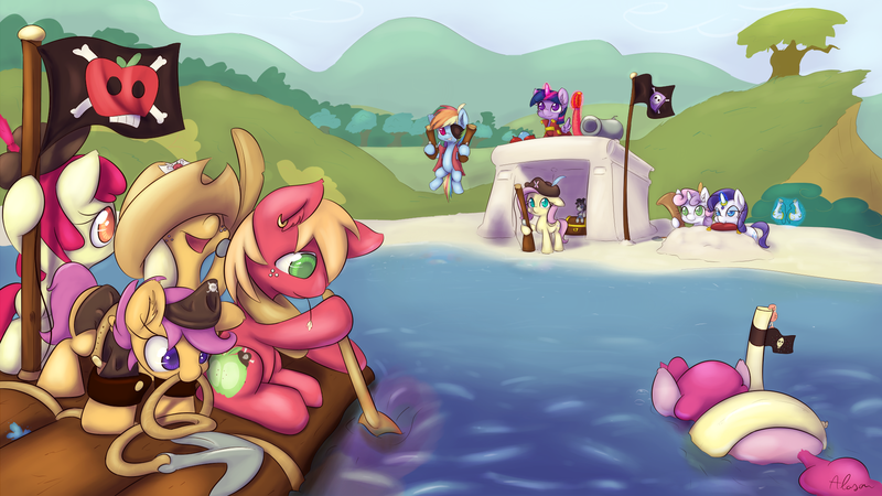 Size: 1920x1080 | Tagged: safe, artist:alasou, deleted from derpibooru, derpibooru import, apple bloom, applejack, big macintosh, fluttershy, pinkie pie, rainbow dash, rarity, scootaloo, smarty pants, sweetie belle, twilight sparkle, twilight sparkle (alicorn), alicorn, pony, anchor, beach, boat, cannon, chest, costume, cutie mark crusaders, eyepatch, female, filly, flag, floaty, inner tube, mare, pirate, raft, wallpaper, younger