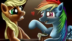 Size: 1920x1080 | Tagged: safe, artist:sycoartworks, derpibooru import, applejack, rainbow dash, pony, appledash, cider, drunk, drunker dash, female, heart, lesbian, shipping