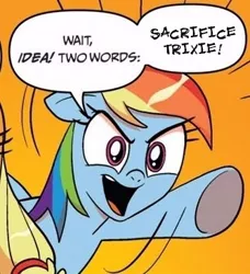 Size: 334x366 | Tagged: applejack, comic, derpibooru import, exploitable meme, idw, meme, rainbow dash, sacrifice, safe, trixie, two words meme