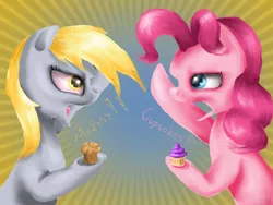 Size: 800x600 | Tagged: safe, artist:agussska, derpibooru import, derpy hooves, pinkie pie, pegasus, pony, cupcake, cupcakes vs muffins, female, mare, muffin