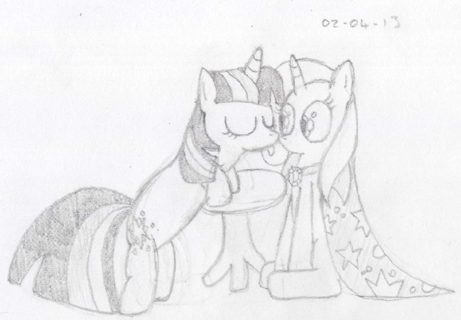 Size: 649x450 | Tagged: artist:unlicensedbrony, boop, derpibooru import, female, lesbian, monochrome, safe, shipping, traditional art, trixie, twilight sparkle, twixie