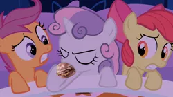 Size: 1280x720 | Tagged: apple bloom, artist:sweetieburger, burger, cutie mark crusaders, derpibooru import, edit, edited screencap, ponies eating meat, safe, scootaloo, screencap, stare master, sweetie belle