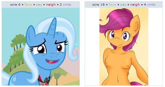 Size: 531x280 | Tagged: questionable, artist:freefraq, derpibooru import, scootaloo, trixie, anthro, pony, unicorn, breasts, exploitable meme, faic, female, juxtaposition, juxtaposition win, mare, nipples, nudity, older