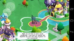 Size: 960x540 | Tagged: safe, derpibooru import, queen chrysalis, twilight sparkle, android, changeling, changeling queen, cake, english, female, gameloft, game screencap, speech bubble, text