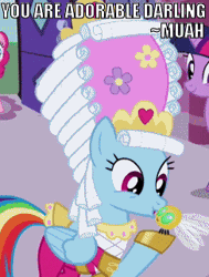 Size: 243x322 | Tagged: animated, cropped, cute, darling, dashie antoinette, derpibooru import, edit, edited screencap, image macro, kissing, mare antoinette, marie antoinette, out of character, parasprite, pinkie pie, rainbow dash, rainbow dash always dresses in style, safe, screencap, swarm of the century, twilight sparkle, wig