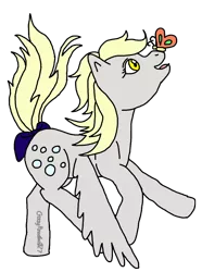 Size: 832x1120 | Tagged: safe, artist:crazypizzafan927, derpibooru import, derpy hooves, butterfly, pegasus, pony, bow, cute, derpabetes, g1, g4 to g1, generation leap, insect on nose, looking at something, looking up, profile, simple background, smiling, solo, spread wings, tail bow, transparent background