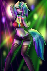 Size: 991x1487 | Tagged: suggestive, artist:fatcakes, derpibooru import, vinyl scratch, anthro, unicorn, belly button, bellyring, breasts, clothes, dancing, female, fishnets, midriff, panties, shorts, solo, solo female, thigh highs, thong, underwear