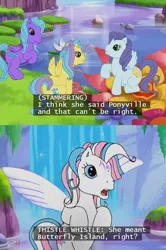 Size: 636x957 | Tagged: safe, derpibooru import, island delight, star catcher, thistle whistle, cloud pony, pegasus, pony, friends are never far away, background pony, bubble pony, bubbles pony, butterfly island, g3, ponyville, subtitles, swimming pool, waterfall