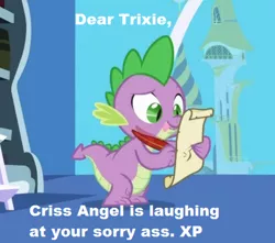 Size: 436x386 | Tagged: safe, derpibooru import, edit, edited screencap, screencap, spike, trixie, dragon, friendship is magic, caption, criss angel, douchebag spike, letter, male, meme, mindfreak, quill, reversal, spike's hate mail, spike's love letters, tongue out, vulgar