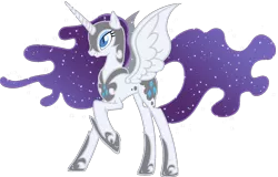 Size: 1600x1024 | Tagged: dead source, safe, artist:doctorxfizzle, derpibooru import, nightmare moon, nightmare rarity, rarity, alicorn, pony, alicornified, armor, ethereal mane, female, fusion, helmet, hoof shoes, mare, race swap, raised hoof, raricorn, simple background, solo, starry mane, transparent background