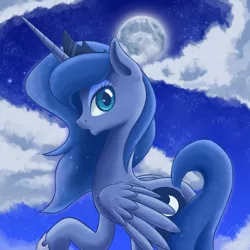 Size: 3000x3000 | Tagged: safe, artist:steffy-beff, derpibooru import, princess luna, alicorn, pony, cloud, female, full moon, looking at you, looking back, looking back at you, mare, moon, night, night sky, raised hoof, rear view, sky, solo, starry night