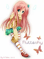 Size: 1200x1600 | Tagged: anime, artist:tsukinohikari69, bare shoulders, clothes, cute, derpibooru import, element of kindness, fluttershy, green eyes, hairclip, hair ornament, hand over mouth, human, humanized, long hair, looking at you, mary janes, miniskirt, moe, pink hair, safe, shyabetes, skirt, socks, solo, stockings, striped legwear, sweatshirt, thigh highs