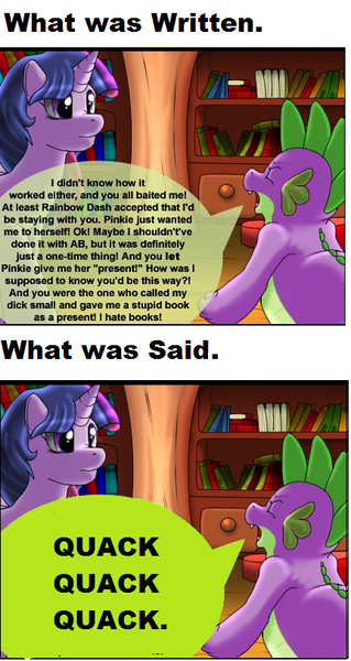 Size: 432x812 | Tagged: artist:kitsuneyoukai, comic:dragon you over, derpibooru import, duck, photoshop, quack, questionable, spike, twilight sparkle, vulgar