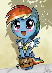 Size: 700x980 | Tagged: safe, artist:johnjoseco, derpibooru import, rainbow dash, pony, semi-anthro, anime, bipedal, blushing, clothes, cute, dashabetes, open mouth, pleated skirt, sailor uniform, satchel, school uniform, schoolgirl, skirt, solo, uniform