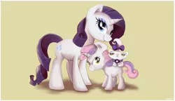 Size: 1179x677 | Tagged: safe, artist:pepooni, derpibooru import, opalescence, rarity, sweetie belle, cat, pony, cute, diasweetes, looking at you, opalbetes, raribetes, riding, smiling