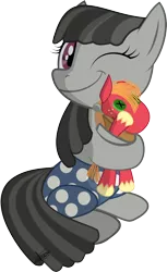 Size: 2724x4440 | Tagged: safe, artist:frozenfish696, derpibooru import, big macintosh, smarty pants, ponified, earth pony, pony, hug, male, plushie, role reversal, simple background, smiling, stallion, transparent background, vector