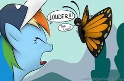 Size: 1220x807 | Tagged: artist:xhazard78x, butterfly, coaching cap, derpibooru import, hat, louder, rainbow dash, safe