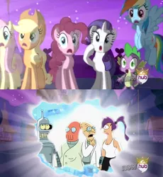 Size: 638x693 | Tagged: alicorn flash, anthology of interest i, applejack, bender bending rodriguez, crossover, derpibooru import, exploitable meme, fluttershy, fry hole, futurama, hawking hole, hub logo, leela, magical mystery cure, meme, pinkie pie, portal, professor farnsworth, rainbow dash, rarity, safe, spike, zoidberg