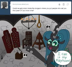 Size: 1280x1205 | Tagged: artist:jay muniz, ask, ask crinkle bottom chrysalis, axe, dead, derpibooru import, dungeon, iron maiden, noose, queen chrysalis, safe, skeleton, skull, tumblr