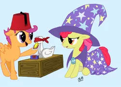 Size: 1000x715 | Tagged: apple bloom, artist:nullh, cape, card, clothes, derpibooru import, fez, hat, magic, safe, scootaloo, tommy cooper