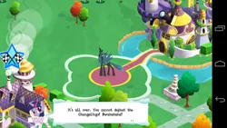Size: 1280x720 | Tagged: android, changeling, changeling queen, derpibooru import, error, female, gameloft, game screencap, glitch, queen chrysalis, safe, speech bubble, twilight sparkle, tyrant sparkle