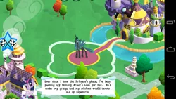 Size: 1280x720 | Tagged: safe, derpibooru import, queen chrysalis, twilight sparkle, android, changeling, changeling queen, error, female, gameloft, game screencap, glitch, speech bubble, text