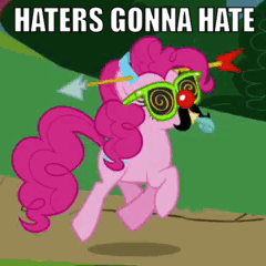 Size: 240x240 | Tagged: safe, derpibooru import, edit, edited screencap, screencap, pinkie pie, earth pony, pony, griffon the brush off, animated, artifact, caption, gif, haters gonna hate, image macro, meme, reaction image, solo, text