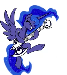 Size: 1500x1682 | Tagged: artist:kp-shadowsquirrel, artist:ridingengenere, axe, derpibooru import, grin, guitar, happy, heavy metal, literal axe guitar, musical instrument, princess luna, safe, simple background, skull, smiling, solo