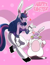 Size: 1522x1969 | Tagged: suggestive, artist:ss2sonic, derpibooru import, spike, twilight sparkle, anthro, unguligrade anthro, abstract background, breasts, bunny costume, bunny suit, busty twilight sparkle, clothes, cross-popping veins, cuffs (clothes), female, gloves, heart, high heels, image, jpeg, leotard, pantyhose, playboy bunny