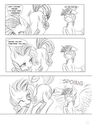 Size: 2800x3850 | Tagged: suggestive, artist:fauxsquared, derpibooru import, rarity, twilight sparkle, twilight sparkle (alicorn), alicorn, pony, blushing, comic, dialogue, eyes on the prize, face down ass up, female, lesbian, mare, plot, presenting, rarilight, transformation, wingboner, wink