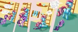 Size: 1600x658 | Tagged: safe, artist:noctulov, derpibooru import, cup cake, twilight sparkle, earth pony, pony, unicorn, butt crush, cartoon physics, climbing, comic, crushed, facesitting, female, flattened, ladder, mare, ouch, plot